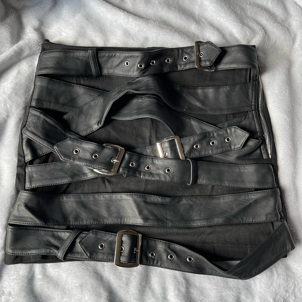 Black Faux Leather Belted Mini Skirt